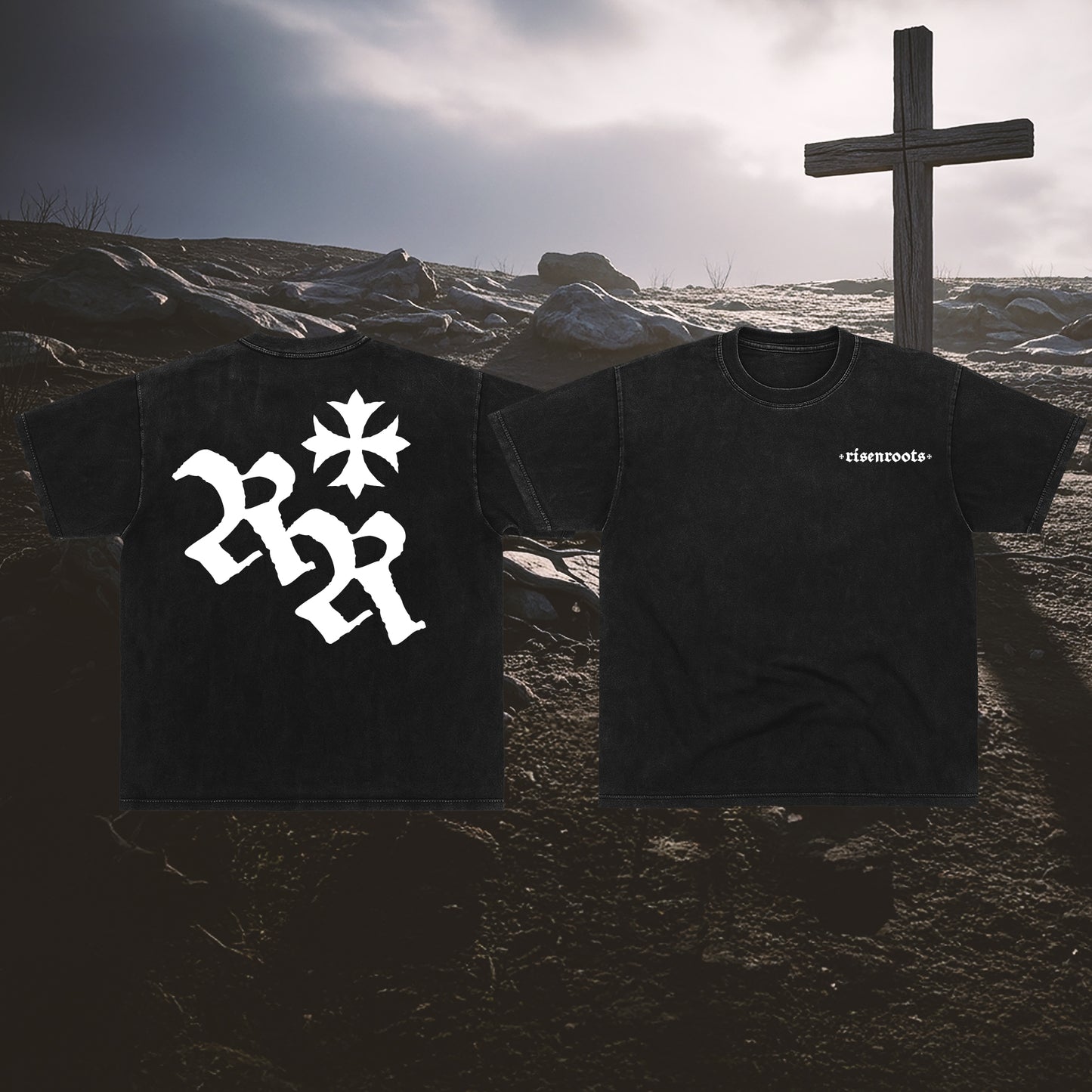 RISEN ROOTS - "REBORN | T-SHIRT " - Color: ACID WASHED BLACK